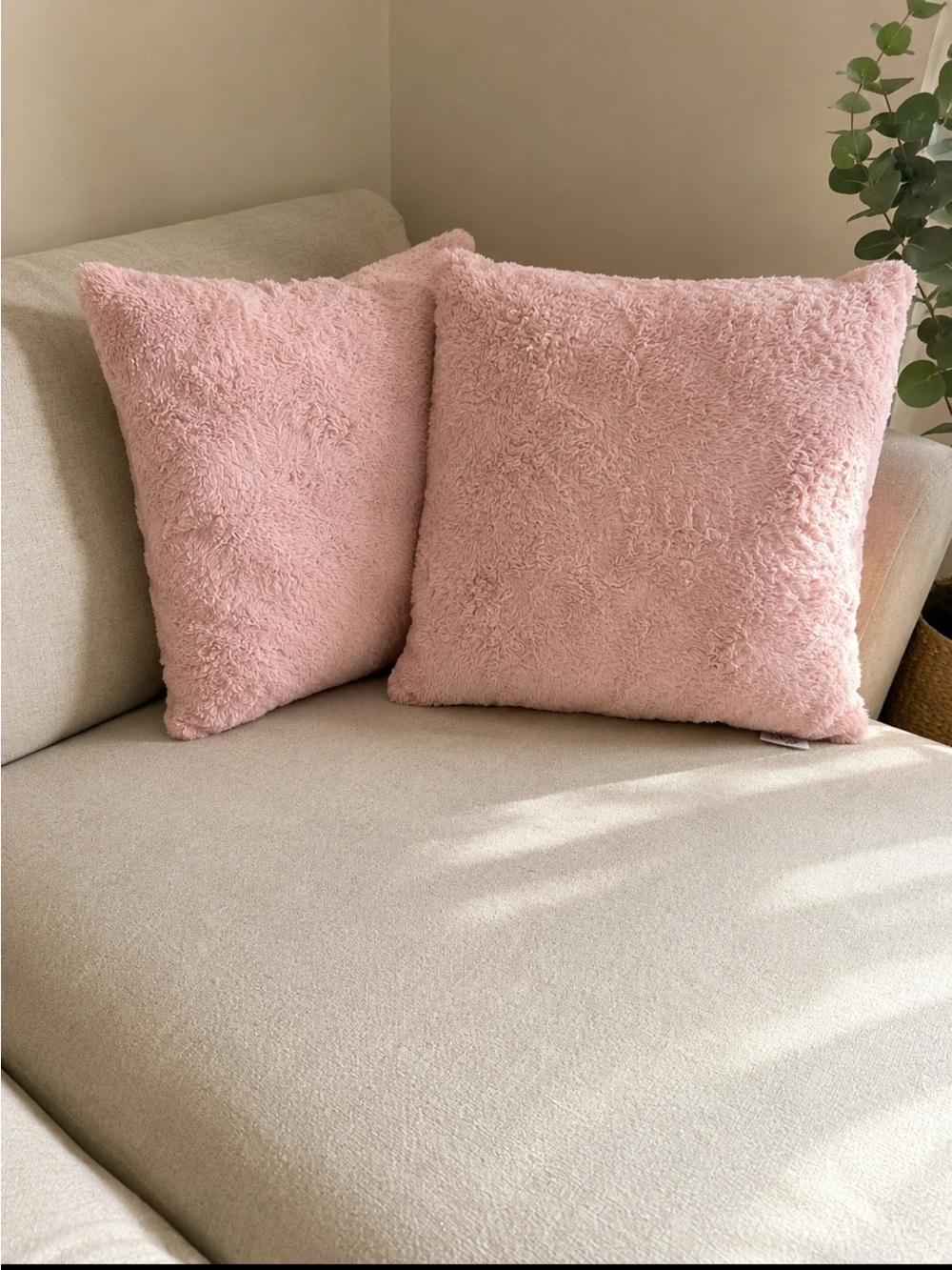 Set of 2 Blush Pink Faux Fur Throw Pillows 19” x 19” Plush Decorative Cushions
